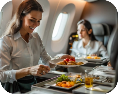 Eine Frau serviert Essen in einem Flugzeug während des Bordservices.