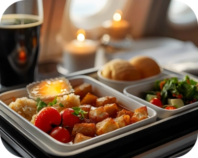 Ein Tablett mit Essen auf einem Flugzeugtisch, dekoriert mit einer kleinen Kerze.