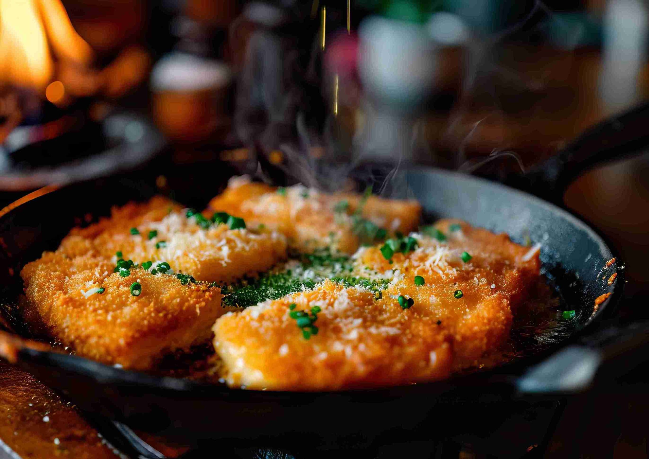Eine Pfanne mit gebackenem Käse Saganaki