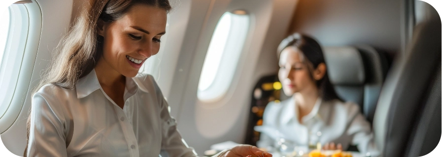 Eine Frau serviert Essen in einem Flugzeug während des Bordservices.
