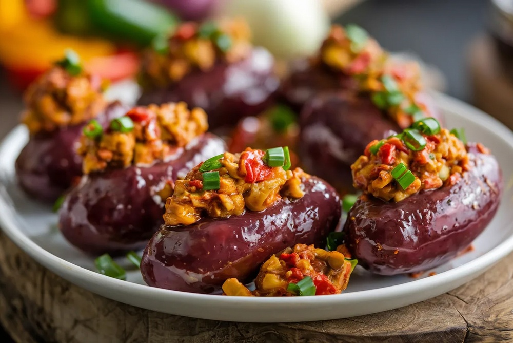 Makdous: Glänzende syrische Baby-Auberginen in Olivenöl gehärtet und gefüllt mit Walnüssen, rotem Pfeffer und Knoblauch, eine Levantine Mezze Delikatesse perfekt für Gourmet-Appetizer und Antipasti-Suchanfragen
